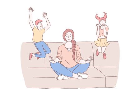 Motherhood, psychological balance concept. Mother meditating in lotus pose with excited kids jumping on sofa, relaxed mommy practicing yoga calming techniques. Simple flat vectorのイラスト素材