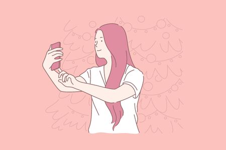 New Year selfie, woman taking pictures conceptのイラスト素材