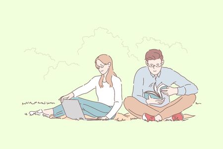 School, College, freelancing, preparing for exam in park concept.のイラスト素材