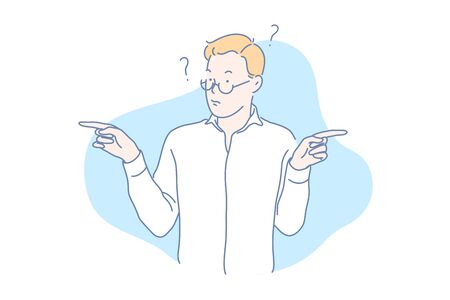 Confused guy showing fingers in different directions concept.のイラスト素材