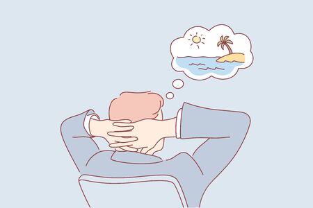 Office work, dream, summer vacation, business concept. Young businessman boy clerk manager working at office and dreaming about summer vacation at sea, ocean coast. Waiting for holiday, travelling.のイラスト素材