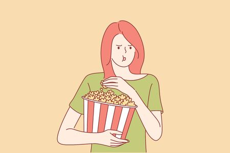 Watching movie at cinema concept. Young captivated girl or woman teenager with big portion of popcorn watching films or series at movie theater cinema home. Leisure time illustration in cartoon style.のイラスト素材