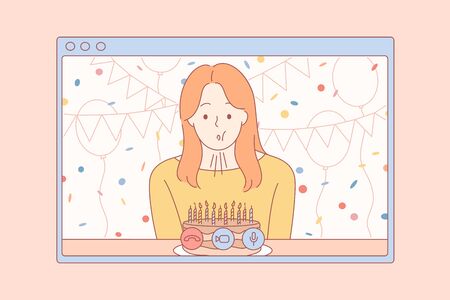 Celebration, online, birthday, holiday, quarantine, coronavirus conceptのイラスト素材