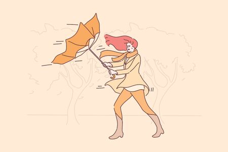 Storm, nature concept. Young unhappy angry woman girl cartoon character holding blowing umbrella on street. Autumn windy bad stormy weather with rain and gusting wind flat vector illustration.のイラスト素材