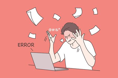 Business, mental stress, anger, fury, freelance concept. Young depressed frustrated stressful businessman manager freelancer angry throwing papers in air. Burning deadline critical error illustration.のイラスト素材