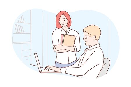 Business, discussion, report, work, team, coworking concept. Young businessman woman clerks managers coworkers cartoon characters working together in office. Financial analysis teamwork illustration.のイラスト素材