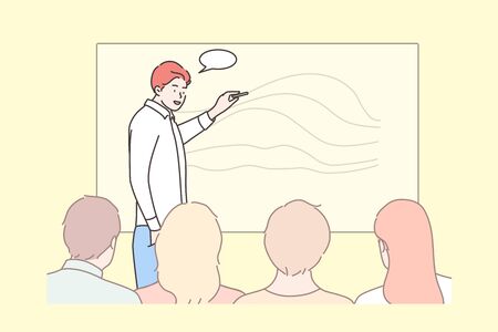 Business, education, presentation, meeting, conference, training concept. Young businessman clerk manager leader boss presentating corporate plan to audience. Company briefing and discussion analysis.のイラスト素材