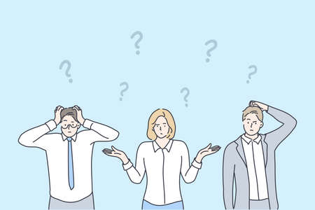 Business, problem, thinking, brainstorming set concept. Group team of confused thoughtful pensive businessmen wman asking questions and searching answers and trouble solutions Collective brainstormingのイラスト素材