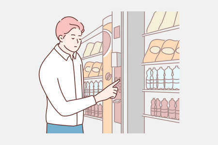 Cashless card payment concept. Young businessman boy clerk manager cartoon character customer buying food drinks at electronic vending machine. NFC service, contactless pay technologies illustration.のイラスト素材