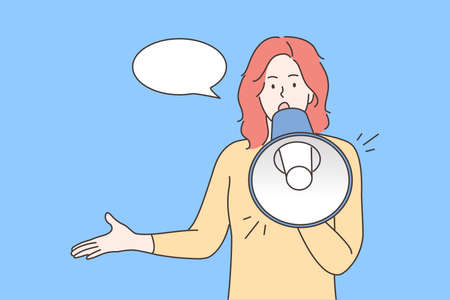 Protest, activism, announcement, speech, promotion concept. Young woman or girl protester activist cartoon character standing yelling with loudspeaker mouthpiece. Promo marketing or ads illustration.のイラスト素材