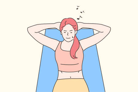 Sport, sit up, health, care, workout, activity concept. Young woman girl athlete cartoon character lies on towel and doing body sit ups with music. Healthy lifestyle and active recreation illustrationのイラスト素材