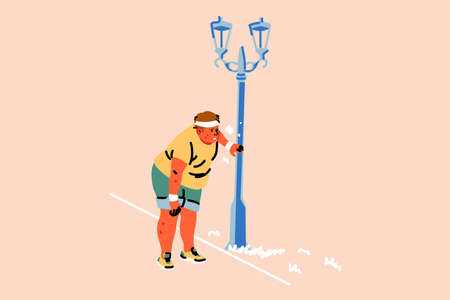 Sport, athletics, fatigue, overweight, dyspnea concept. Young fat obese man or guy runner tired while running and stopping near lamp post. Burning calories or heathy lifestyle and active recreation.のイラスト素材