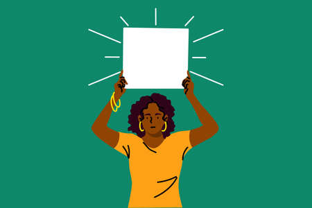 Protest, activism, discrimination, banner concept. Young serious african  woman activist protester holding empty blank poster placard. Racial intolerance and black lives matter illustration.のイラスト素材