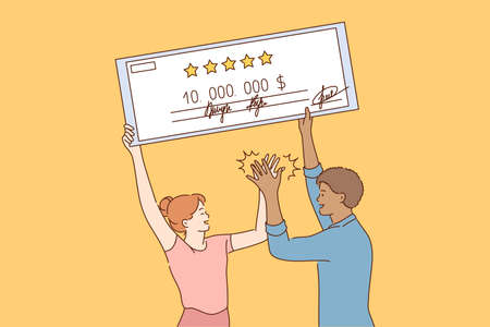 Success, winning, luck, gambling, goal achievement concept. Young happy couple african american man woman standing with huge dollar bill giving high five. Successful jackpot and reaching purposes.のイラスト素材