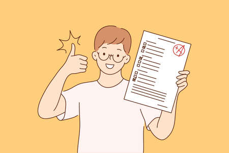 Childhood, education, study, success, like concept. Young happy cheerful smiling boy pupil character standing with test exam results showing thumbs up. Successful goal achievement and back to school.のイラスト素材