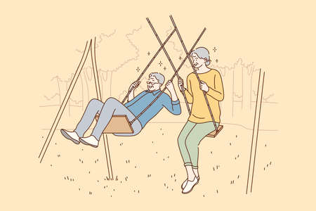 Rest, couple, love, date relaxation concept. Old people grandfather grandmother husban wife pensioners senior citizes man woman swinging relaxing together in park. Active joint lifestyle illustration.のイラスト素材