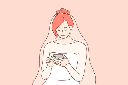Communication, wedding, technology, media concept. Young happy smiling woman girl bride cartoon character sits using smartphone for social network and sharing news. Digital technologies illustration.のイラスト素材