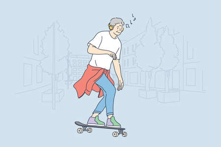 Skateboarding, sport, recreation, hobby concept. old man ensioner senior citizen cartoon character riding skateboard listening music and performing tricks. Active summer extreme lifestyle illustrationのイラスト素材