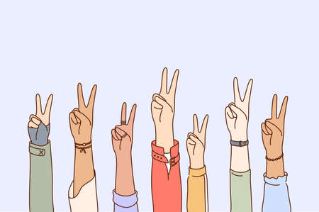 Peace, protest, pacifism, multiethnicity concept set. Collection of human male female cartoon characters hands raising two fingers or peaceful sign in air. Multiracial solidarity and pacifist symbol.のイラスト素材