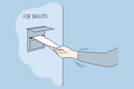 Politics, election, america, voting concept. Man voter citizen hand putting absentee sheet of paper with chosen president candidate in mailbox for ballots. United States of America elections 2020.のイラスト素材