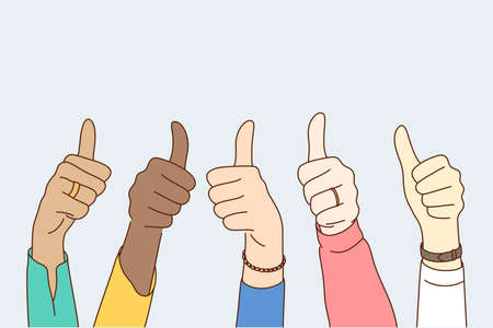 Success, approval, goal achievement, multiethnicity concept. Group multiethnic people happy clients hands showing approving ok sign or confirm with thumbs up. High level quality product customer rate.のイラスト素材