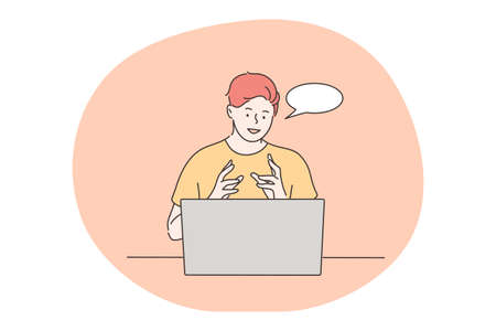 Communication, online, business, discussion, recruitment concept. Young businessman freelancer student candidate speaking talking on job interview. Online meeting digital hr management and hiring.のイラスト素材