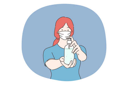 Healthcare, quarantine, protection, coronavirus infection concept. Young woman with medical face mask pouring hygienic antiseptic on hands. Sanitary measures from covid19 disease or 2019ncov biohazardのイラスト素材