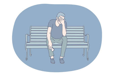 Sadness, stress, loneliness, mental depression, grief, breaking up, quarrel concept. Young man cartoon character sitting on bench covering face with hands and suffering from deep depression or griefのイラスト素材