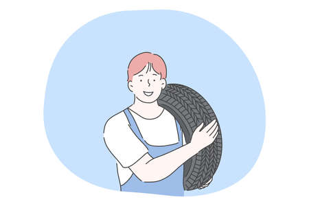 Auto repair shop, auto-fitter, repairman, mechanic, technician concept. Young smiling repairman cartoon character in blue working uniform holding new tire for change in hands in car serviceのイラスト素材