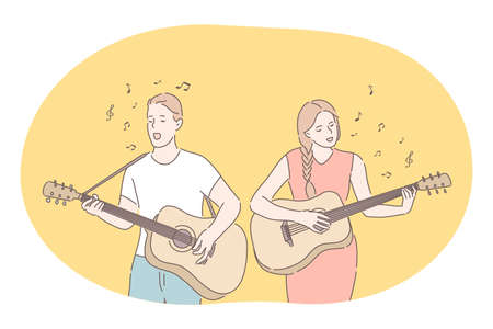 Music, band, playing guitar, singer concept. Young couple man and woman cartoon characters playing guitars and singing together during performance on stage. Music festival, show, singers, melody, songのイラスト素材