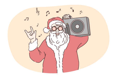 Funny Santa, celebrating Christmas and New year holidays concept. Funny hipster brutal Santa cartoon character in traditional red hat and costume listening to pop music and showing cool gestureのイラスト素材