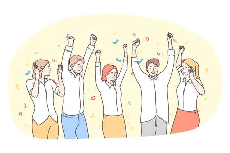 Party, having fun, celebration, holiday concept. Group of happy smiling people friends teens dancing, celebrating holiday and feeling excited with hands raised up together. Fun, win, victory, teamのイラスト素材