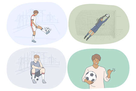 Professional football player, soccer ball and match concept. Young men football players and goalkeepers training and practicing skills on field during workouts. Sport, athletics, team sport vectorのイラスト素材