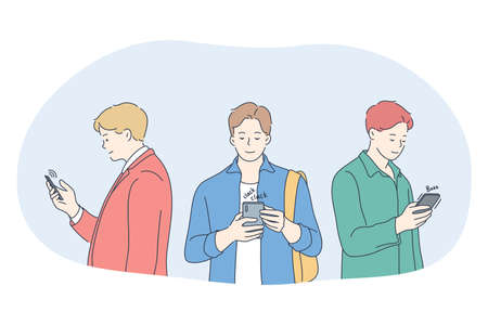 Smartphone, online communication, chatting concept. Young men standing with smartphones, chatting,...