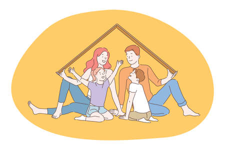Happy family, parenthood, children concept. Young smiling parents and children family sitting under decorative roof, playing and having fun together. Togetherness, happiness, childhood illustrationのイラスト素材