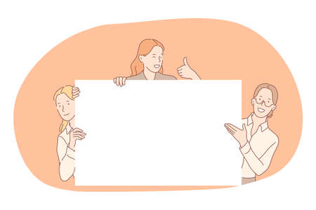 Demonstration, promotion, advertisement concept. Young positive business women cartoon characters holding white blank placard with copy space mockup for text and showing thumb up sign with fingersのイラスト素材