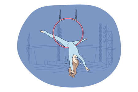 Circus, performance, entertainment concept. Young woman air gymnast cartoon characters making performance in hoop during circus show. Leisure, art, performer, acrobat vector illustrationのイラスト素材