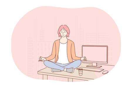 Yoga, meditation, healthy active lifestyle concept. Young smiling woman worker sitting in lotus position on table in office, practicing yoga, relaxing and meditating on workplace with eyes closedのイラスト素材
