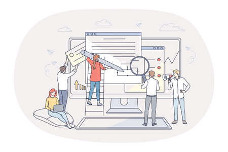 Finance, analytics, teamwork concept. People business partners workers cartoon characters analysing financial data and marketing information statistics, making report together in office illustrationのイラスト素材