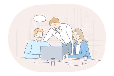 Teamwork, negotiations, business communication concept. Group of young business people office workers partners cartoon characters discussing projects in office with laptop and sharing ideasのイラスト素材
