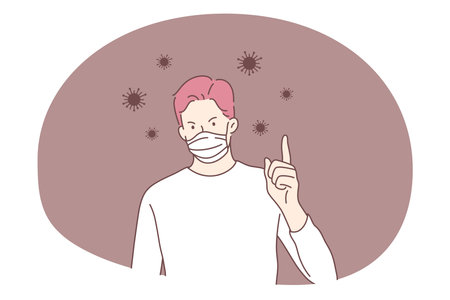 Danger or coronavirus infection epidemic, protective facial mask, pandemic concept. Young man in medical protective mask standing showing attention sign with raised finger in bacteria flowing aroundのイラスト素材