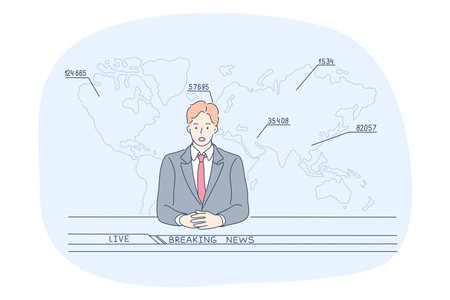Men working in media, professions, occupation concept. Young man journalist reporter cartoon character sitting recording breaking news on television in studio. Job specialist, working sphereのイラスト素材