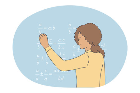 Studying in school, pupil, learning concept. Young curly girl cartoon character standing and solving equation in math on chalkboard in classroom during lesson in school vector illustrationのイラスト素材