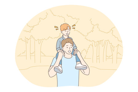 Fathers day, Father and child, activities with children concept. Young positive man father riding his little son on shoulders during walk in park in summer vector illustrationのイラスト素材