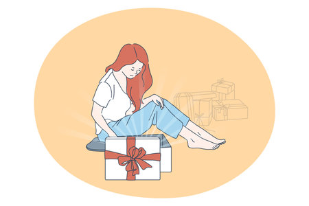 Birthday or Christmas present, New year, holiday concept. Young woman sitting on floor between birthday gifts in boxes with festive ribbons. Surprise, anniversary, gift, happinessのイラスト素材