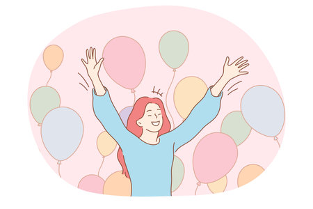 Birthday celebration, holiday, party concept. Young happy woman feeling excited during holiday celebration with colourful balloons at background. Surprise, anniversary, gift, happinessのイラスト素材