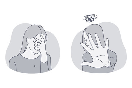 Crying, Sadness, mental depression concept. Young unhappy woman thinking about bad news grief touching face crying and suffering from depressed state of mind illustrationのイラスト素材