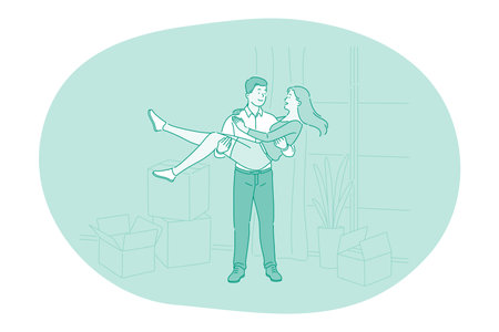 Couple on Love, togetherness, dating concept. Happy young loving boyfriend holding his smiling girlfriend on hands during dating outdoors. Date, romance, people in love illustrationのイラスト素材