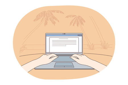 Freelance job, Distant working, online communication concept. Hands of freelancer copywriter working with texts on laptop with palms and summer nature on background illustrationのイラスト素材