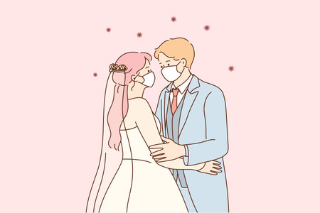 Wedding and holidays during coronavirus pandemic concept. Young loving family husband and wife in medical masks standing after marriage and looking at each other vector illustrationのイラスト素材